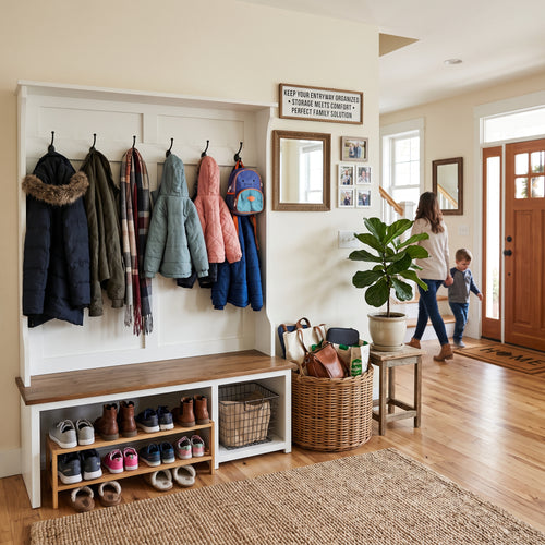 Modern Entryway Hall Tree with Storage Bench – Multi-Functional Shoe Organizer and Coat Rack for Home