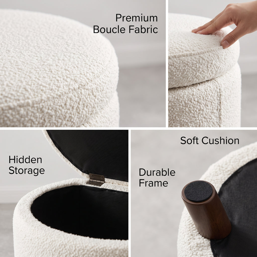 Modern Boucle Storage Ottoman – Soft Upholstered Footrest with Hidden Storage for Living Room and Bedroom