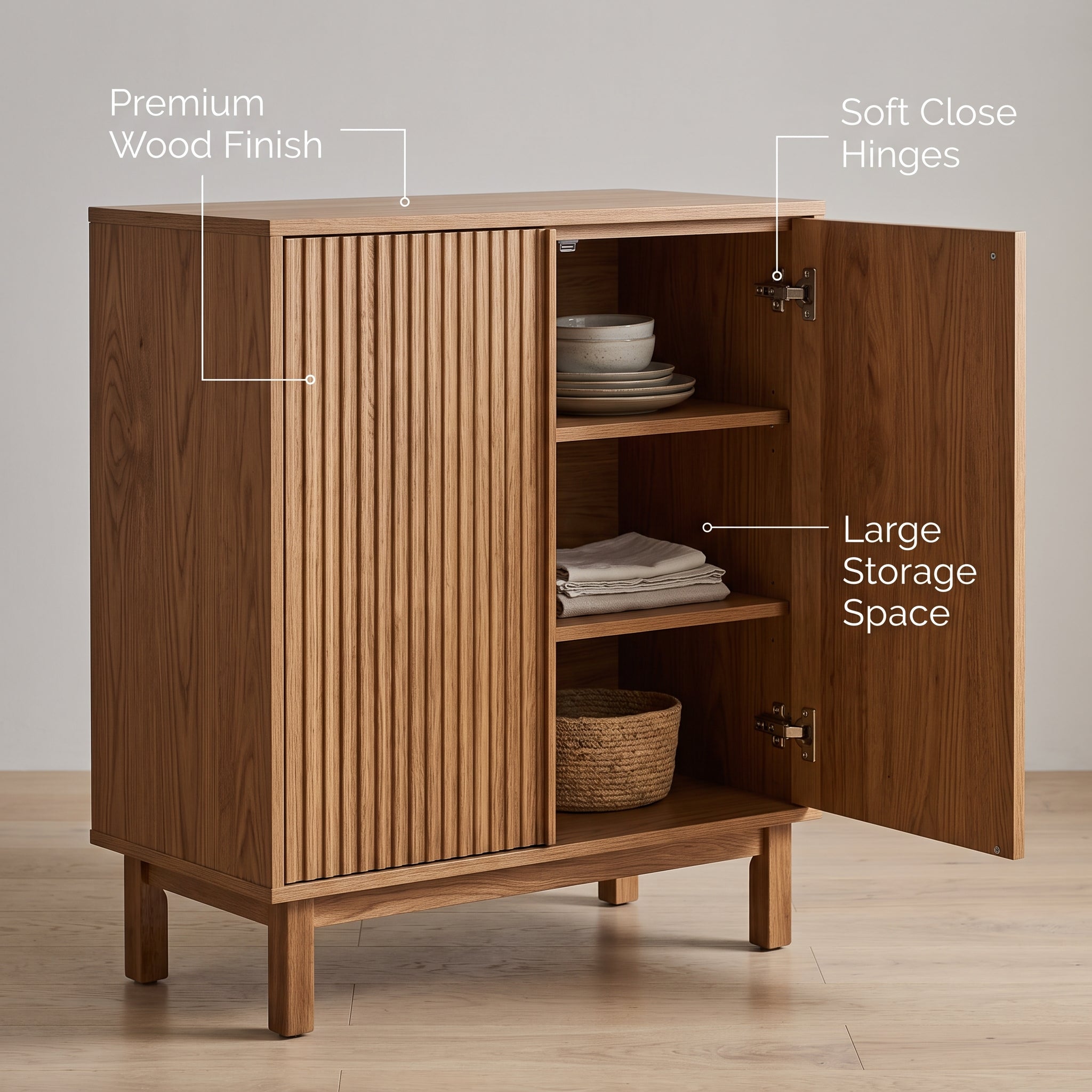 Modern Fluted Accent Cabinet – Elegant Storage Cabinet with Arched Doors for Living Room and Entryway