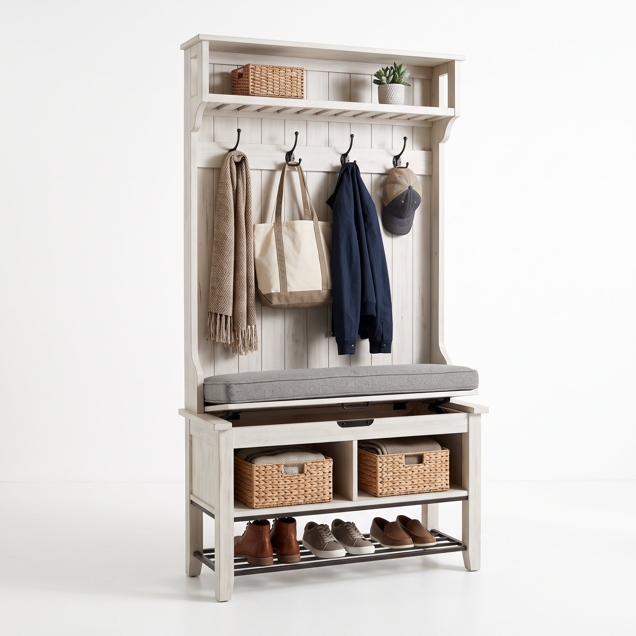 Modern Entryway Hall Tree with Storage Bench – Multi-Functional Shoe Organizer and Coat Rack for Home