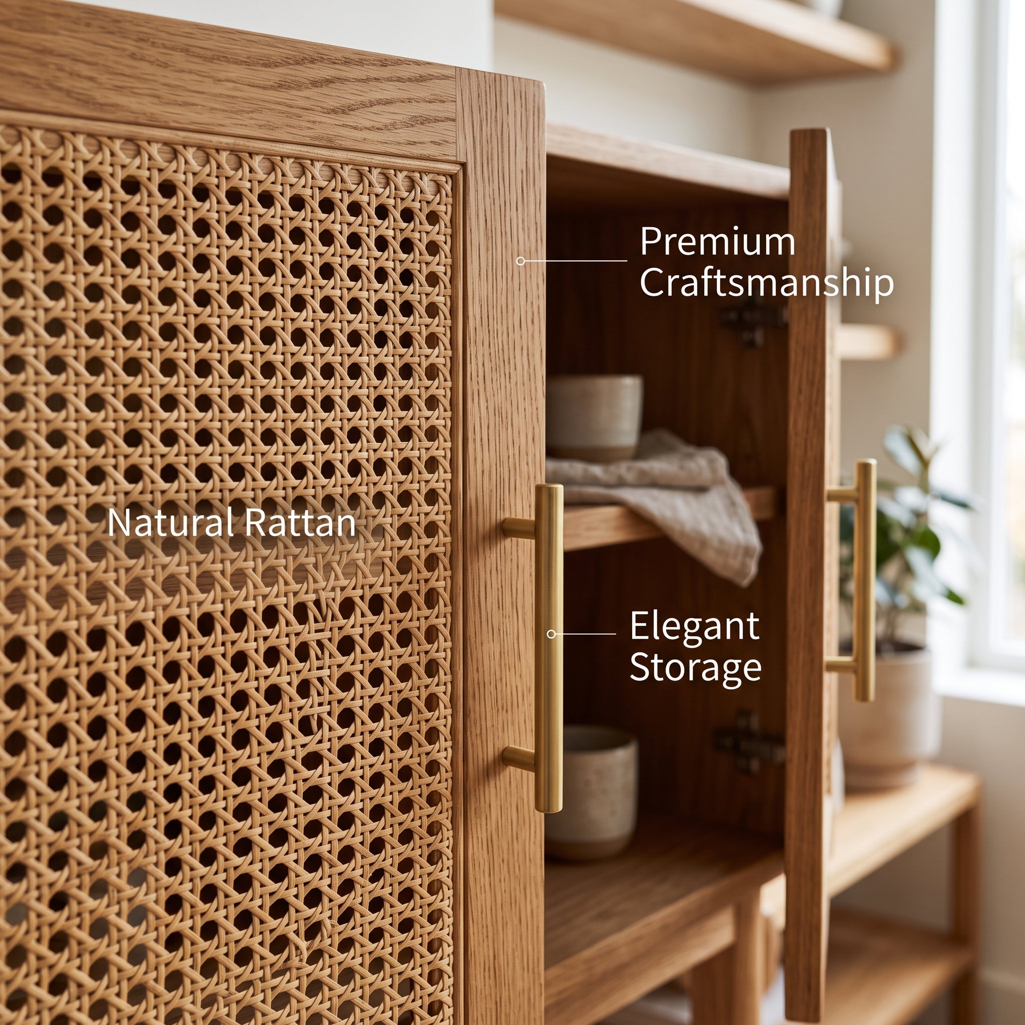 Modern Rattan Accent Cabinet – Natural Style Storage Furniture with Woven Doors for Living Room and Bedroom